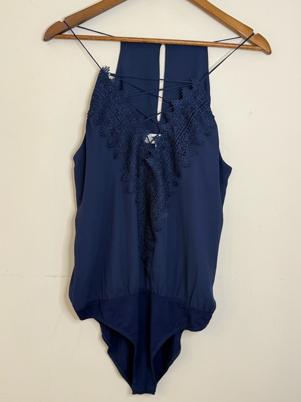 Wayf blue lace strappy body suit snap closure SZ LG